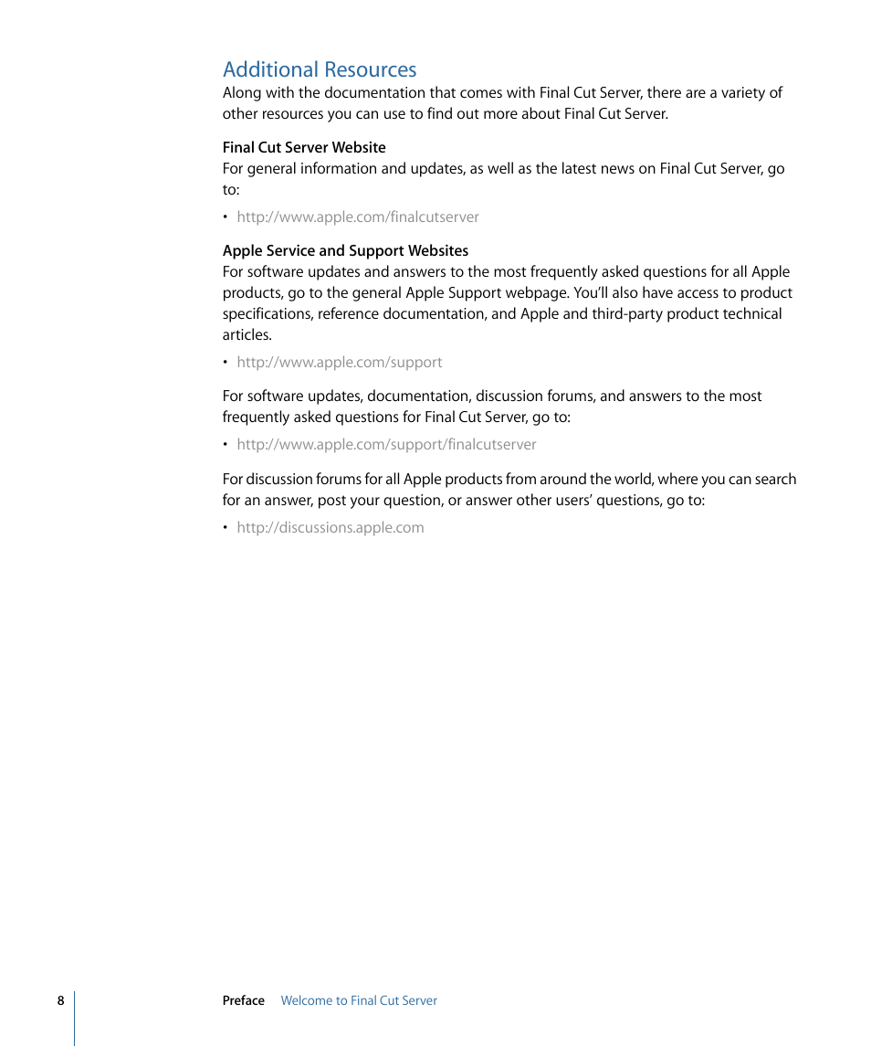 Additional resources | Apple Final Cut Server 1.5 User Manual | Page 8 / 148