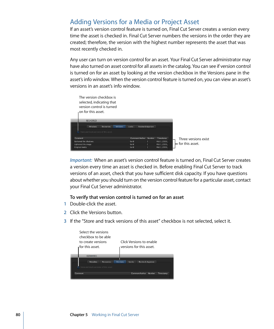 Adding versions for a media or project asset | Apple Final Cut Server 1.5 User Manual | Page 80 / 148