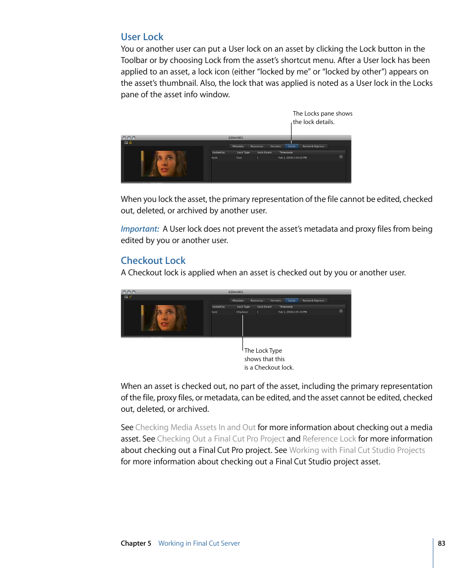 User lock, Checkout lock | Apple Final Cut Server 1.5 User Manual | Page 83 / 148