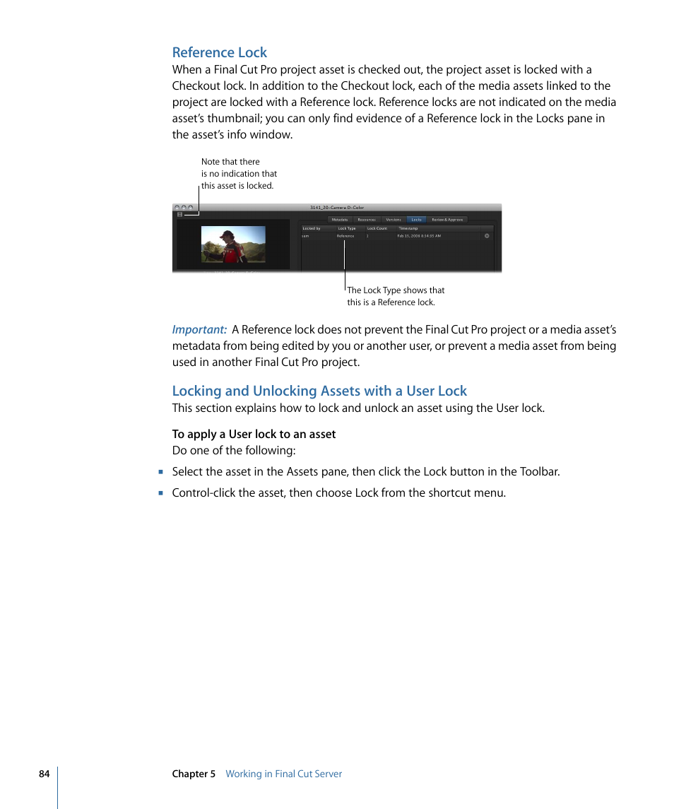 Reference lock, Locking and unlocking assets with a user lock | Apple Final Cut Server 1.5 User Manual | Page 84 / 148