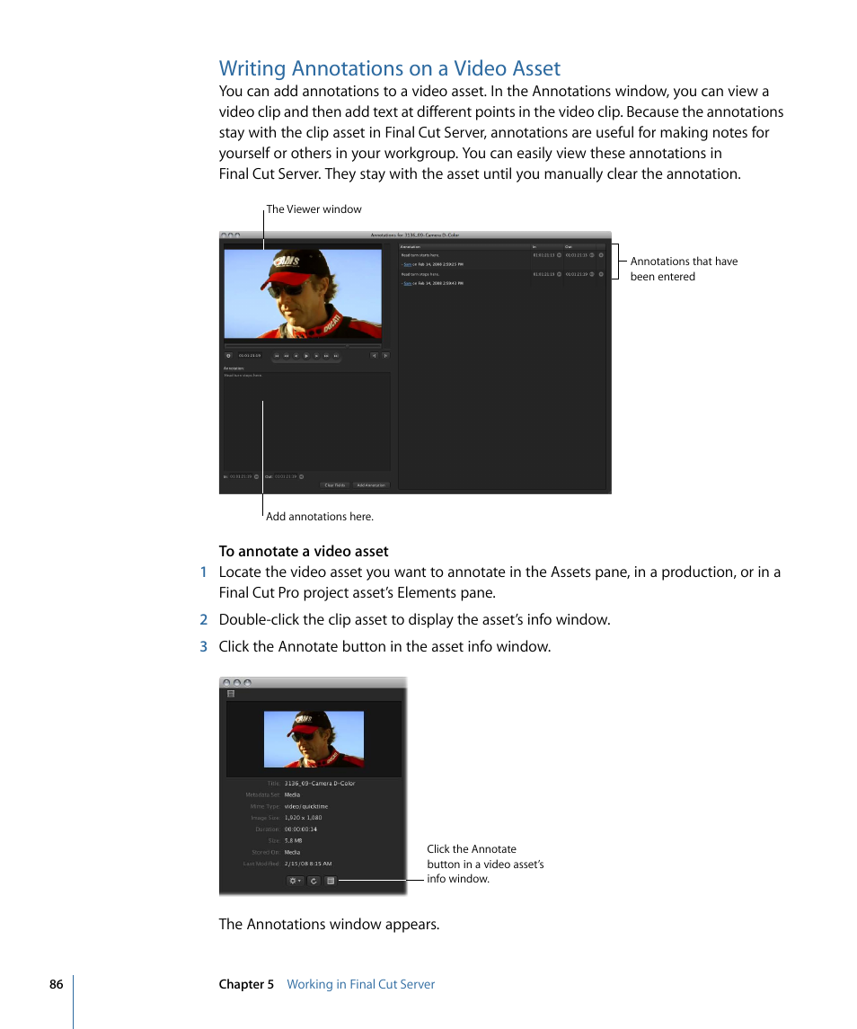 Writing annotations on a video asset | Apple Final Cut Server 1.5 User Manual | Page 86 / 148