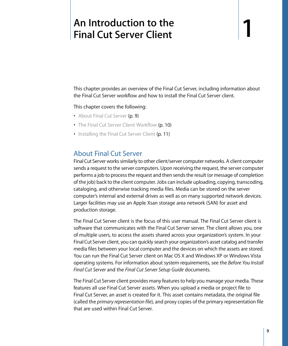 An introduction to the final cut server client, About final cut server | Apple Final Cut Server 1.5 User Manual | Page 9 / 148