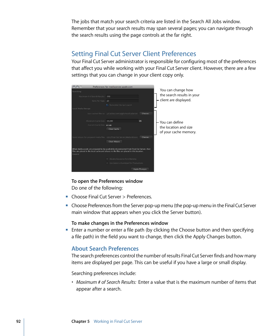 Setting final cut server client preferences, About search preferences | Apple Final Cut Server 1.5 User Manual | Page 92 / 148
