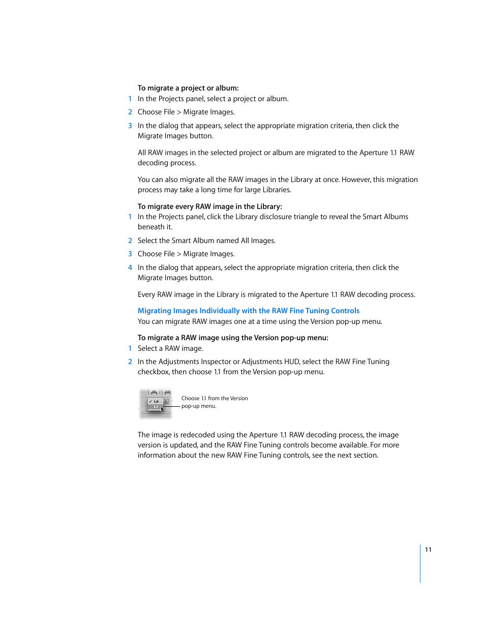 Migrating images, Individually with the raw fine tuning controls, Migrating images individually with the raw fine | Tuning controls | Apple Aperture 1.5 (New Features) User Manual | Page 11 / 17