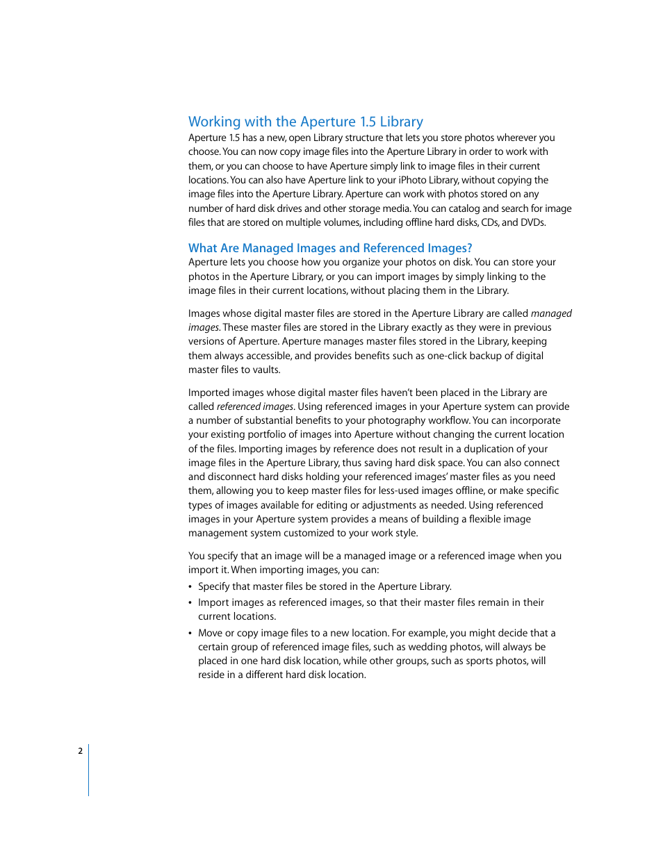 Working with the aperture1.5 library, What are managed images and referenced images, Working with the aperture 1.5 library | P. 2) | Apple Aperture 1.5 (New Features) User Manual | Page 2 / 17