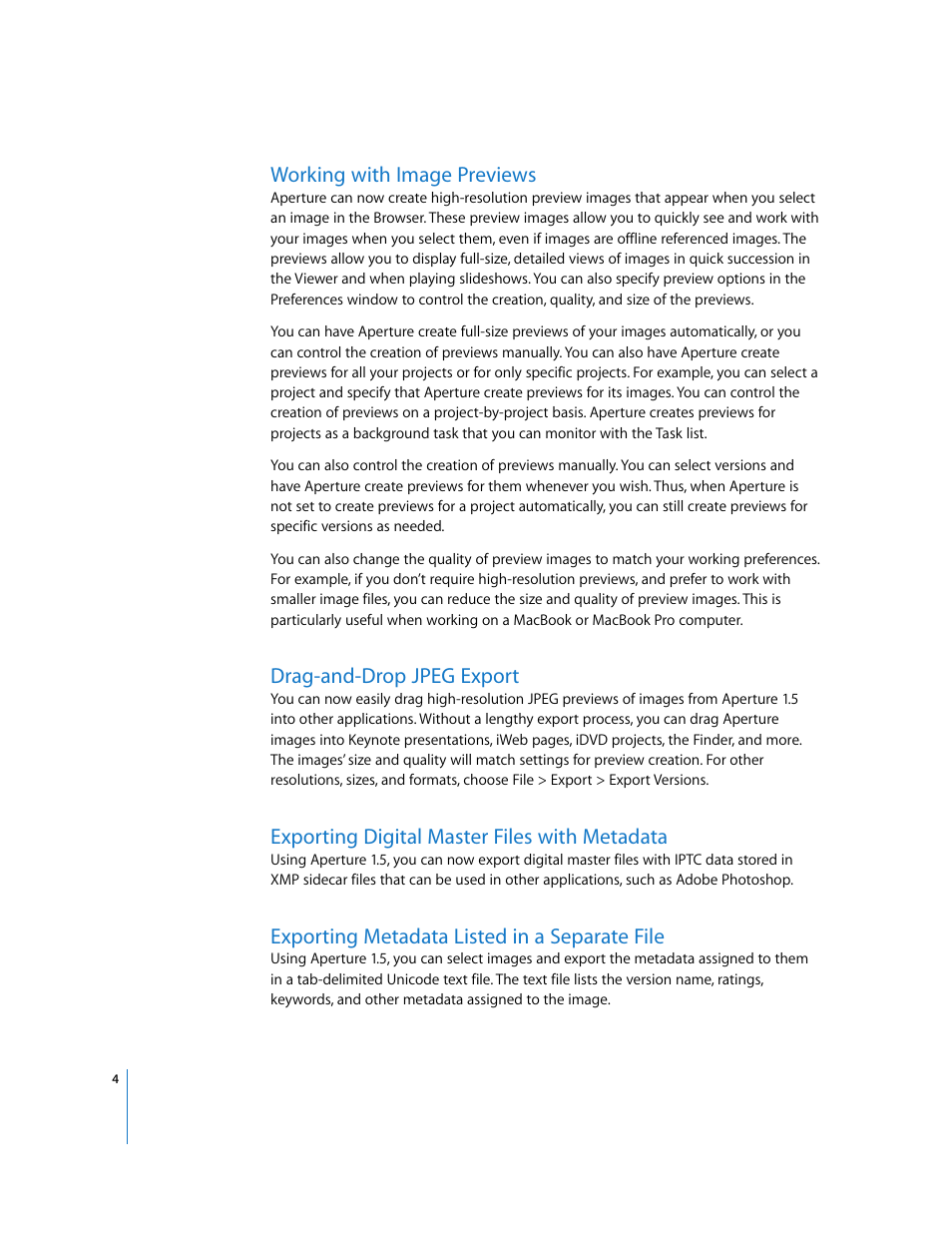 Working with image previews, Drag-and-drop jpeg export, Exporting digital master files with metadata | Exporting metadata listed in a separate file, P. 4) | Apple Aperture 1.5 (New Features) User Manual | Page 4 / 17