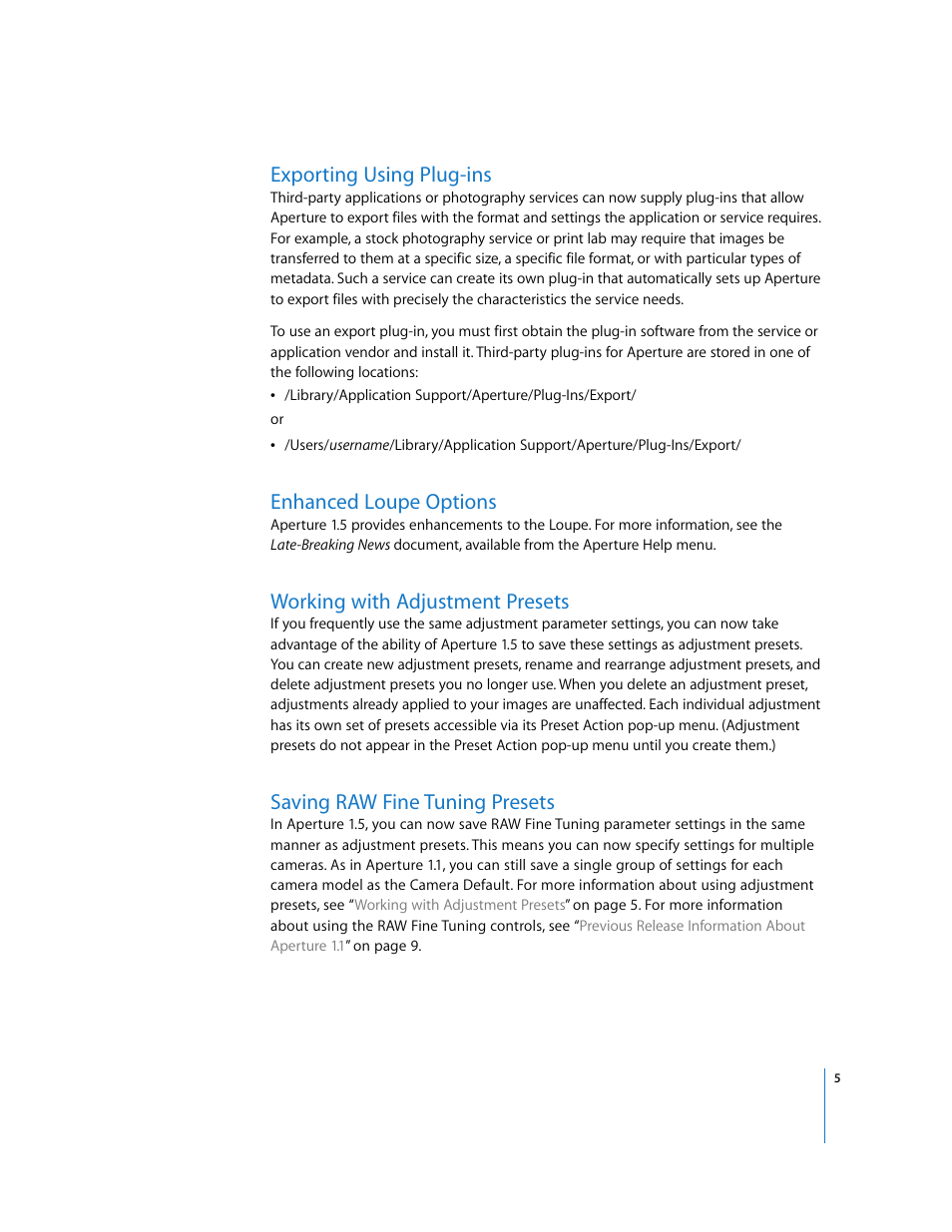Exporting using plug-ins, Enhanced loupe options, Working with adjustment presets | Saving raw fine tuning presets, P. 5) | Apple Aperture 1.5 (New Features) User Manual | Page 5 / 17
