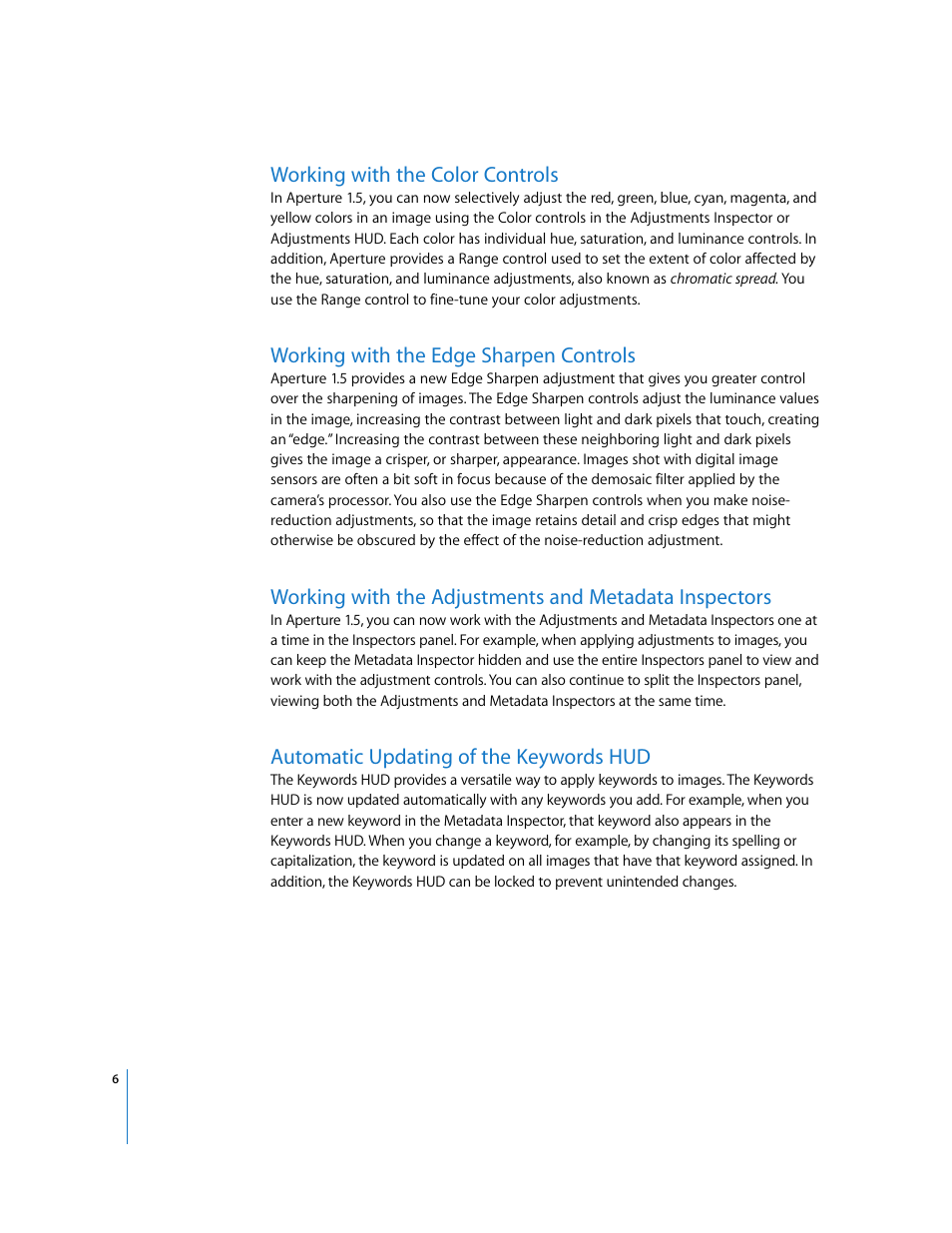 Working with the color controls, Working with the edge sharpen controls, Automatic updating of the keywords hud | P. 6) | Apple Aperture 1.5 (New Features) User Manual | Page 6 / 17