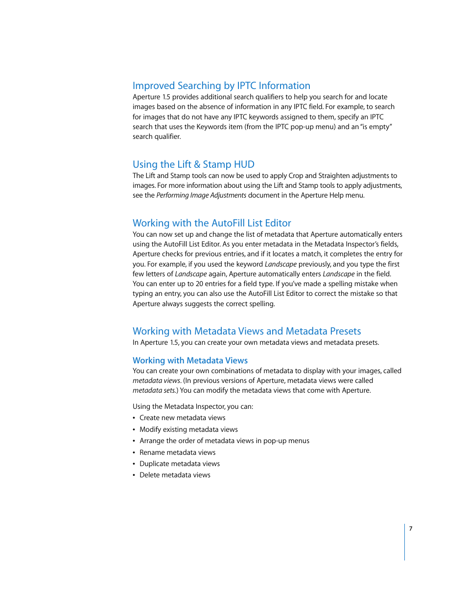 Improved searching by iptc information, Usingthelift&stamp hud, Working with the autofill list editor | Working with metadata views and metadata presets, Working with metadata views, P. 7), Using the lift & stamp hud | Apple Aperture 1.5 (New Features) User Manual | Page 7 / 17