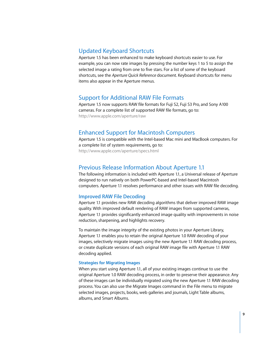 Updated keyboard shortcuts, Support for additional raw file formats, Enhanced support for macintosh computers | Previous release information about aperture1.1, Improved raw file decoding, P. 9), Previous release information about aperture 1.1, Previous release information about, Aperture 1.1 | Apple Aperture 1.5 (New Features) User Manual | Page 9 / 17