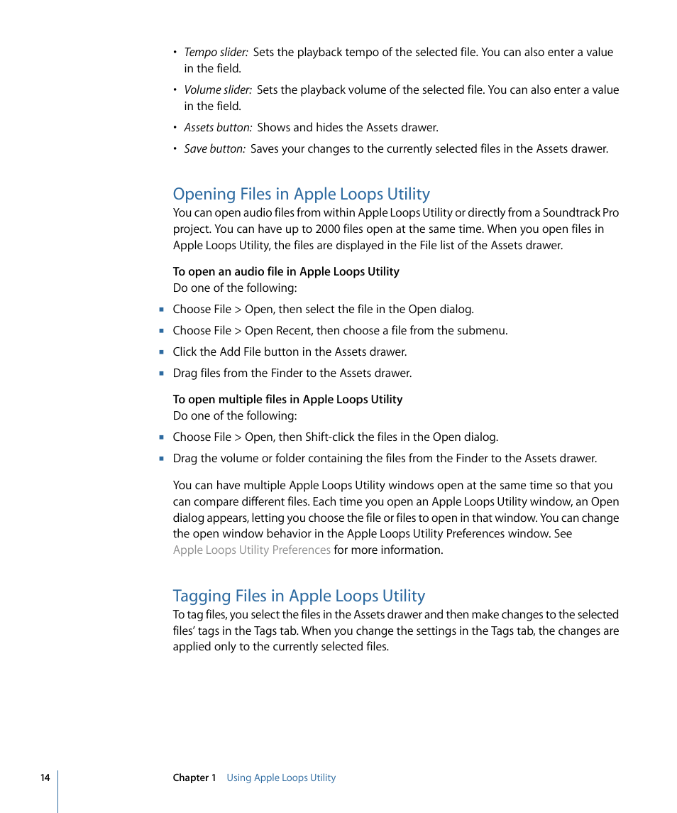 Opening files in apple loops utility, Tagging files in apple loops utility | Apple Loops Utility 3 User Manual | Page 14 / 22