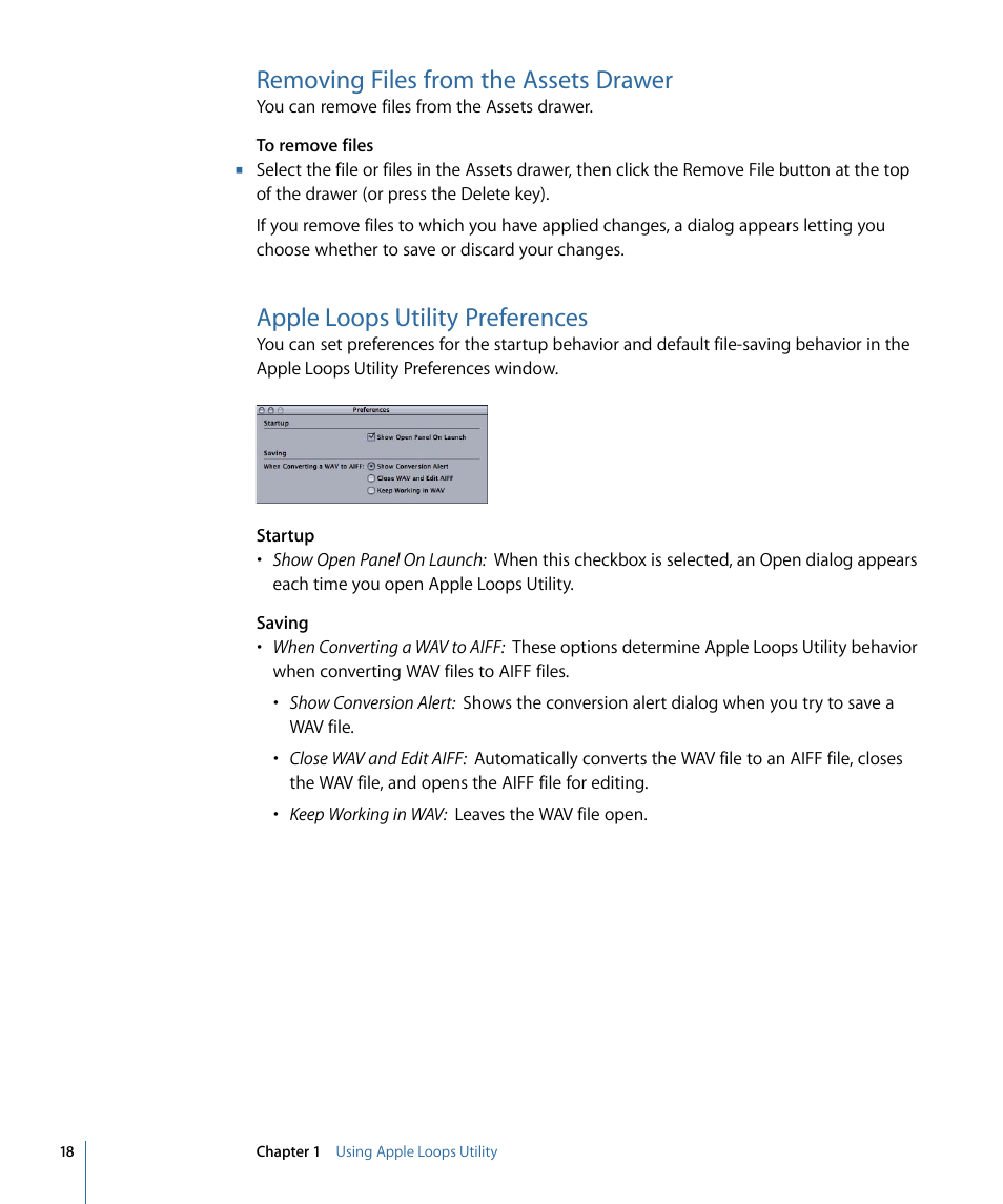 Removing files from the assets drawer, Apple loops utility preferences, Apple loops utility | Preferences | Apple Loops Utility 3 User Manual | Page 18 / 22