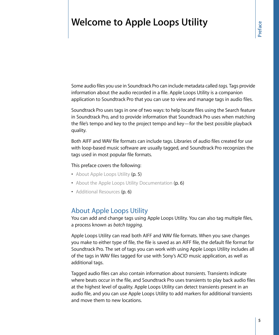 Welcome to apple loops utility, About apple loops utility | Apple Loops Utility 3 User Manual | Page 5 / 22