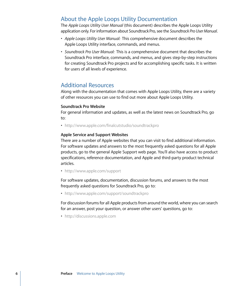 About the apple loops utility documentation, Additional resources | Apple Loops Utility 3 User Manual | Page 6 / 22