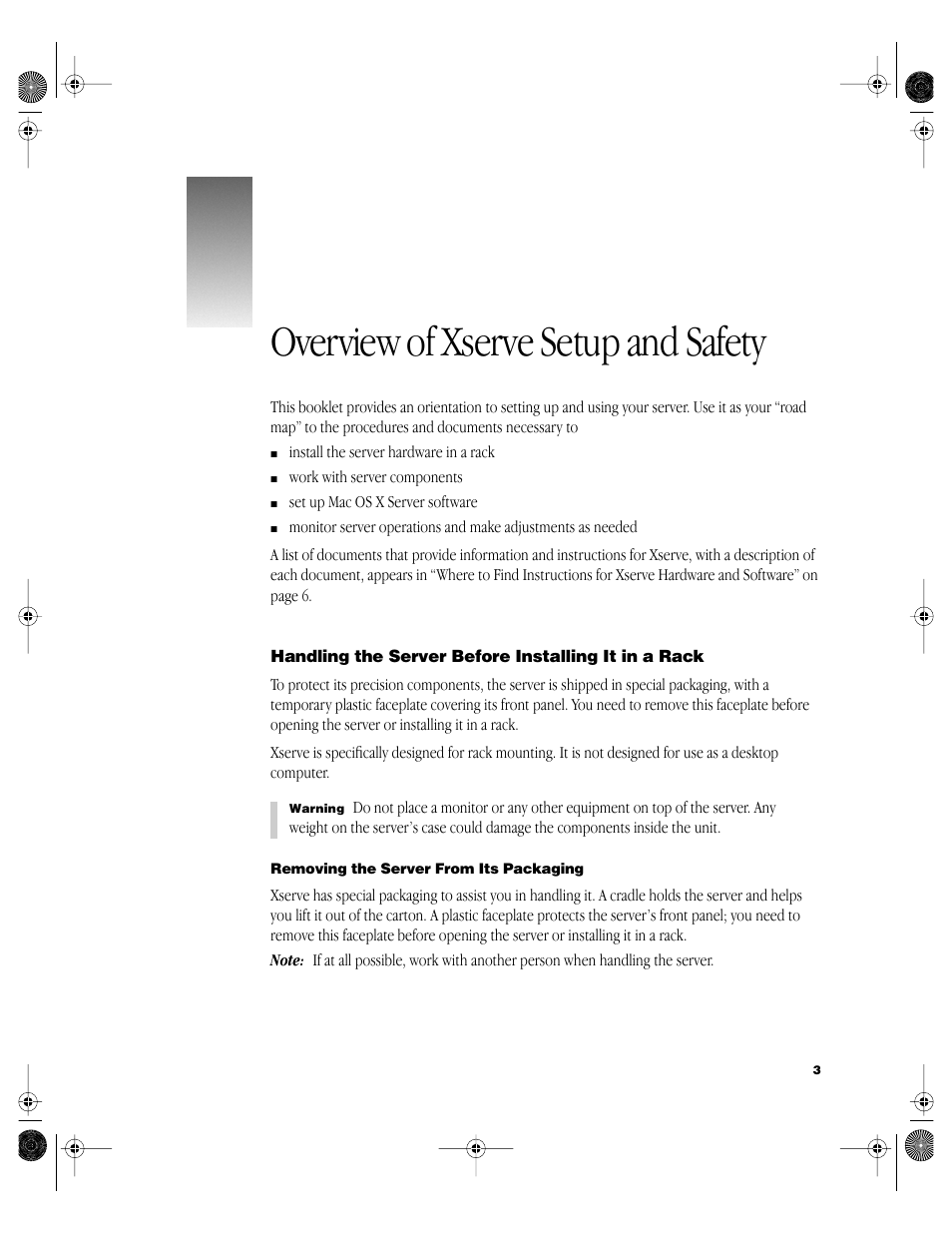 Overview of xserve setup and safety, Handling the server before installing it in a rack, Removing the server from its packaging | Apple Xserve User Manual | Page 3 / 8