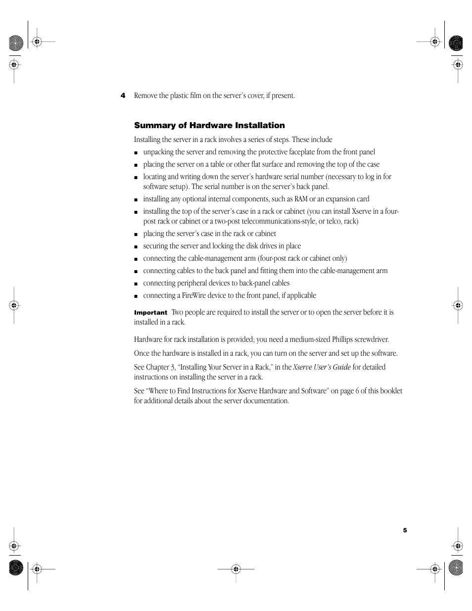 Summary of hardware installation | Apple Xserve User Manual | Page 5 / 8