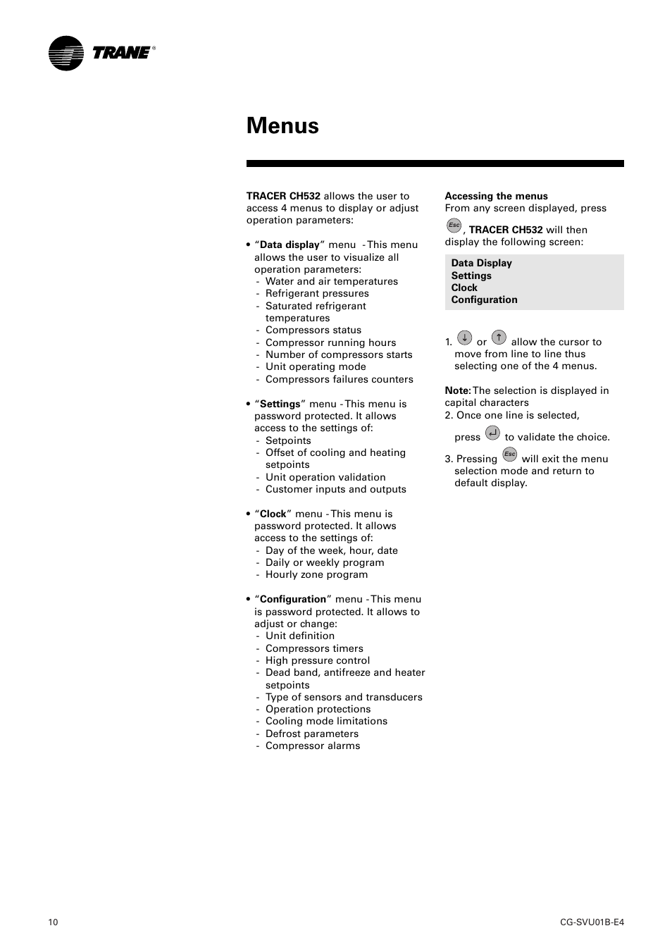 Menus | American Standard TRACER CH532 User Manual | Page 10 / 32