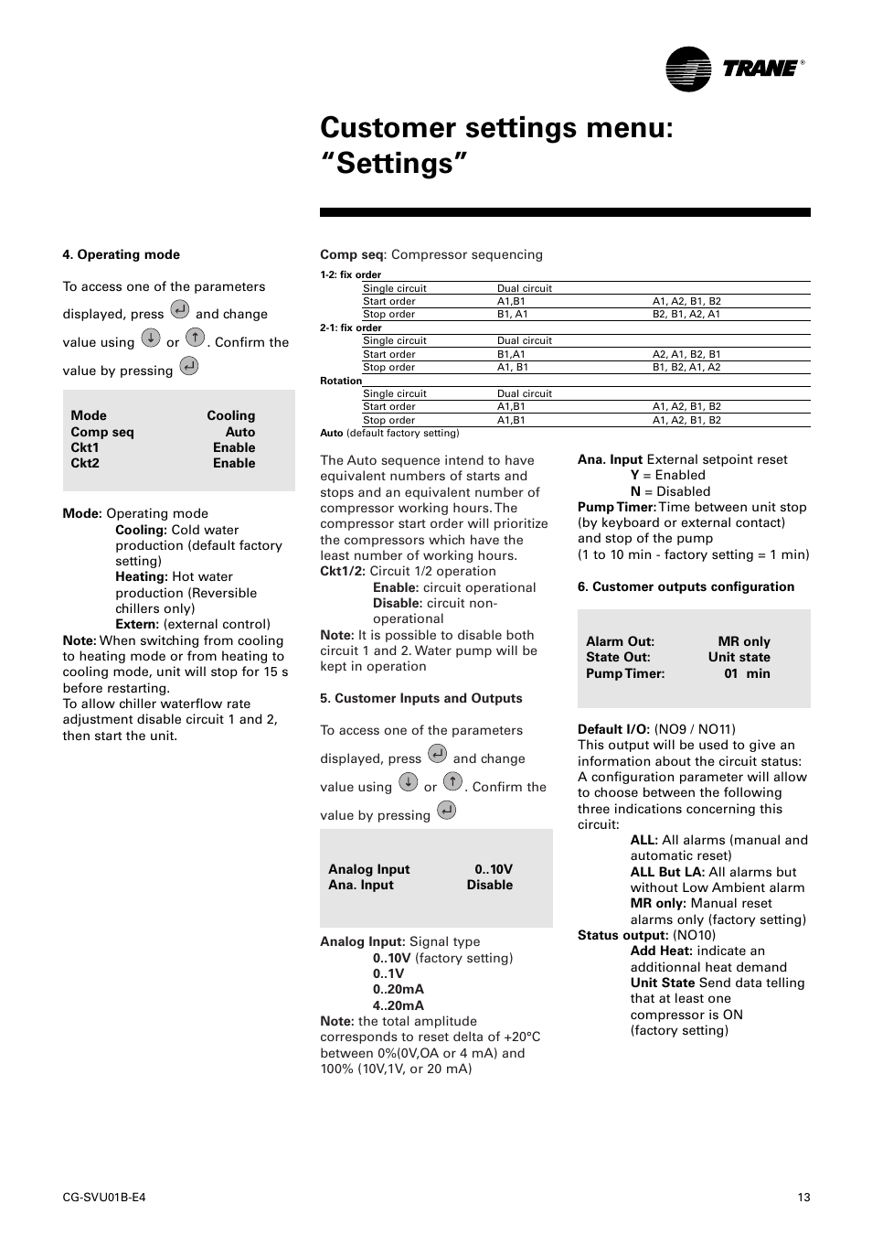Customer settings menu: “settings | American Standard TRACER CH532 User Manual | Page 13 / 32