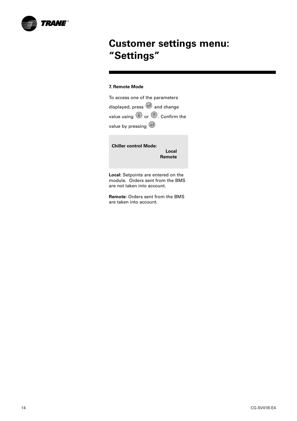 Customer settings menu: “settings | American Standard TRACER CH532 User Manual | Page 14 / 32