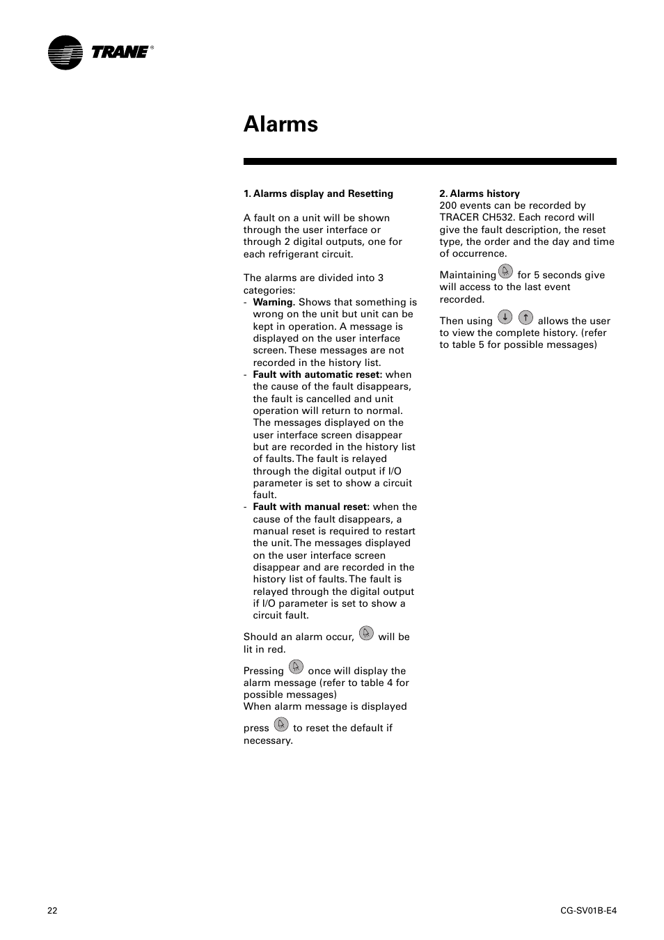 Alarms | American Standard TRACER CH532 User Manual | Page 22 / 32