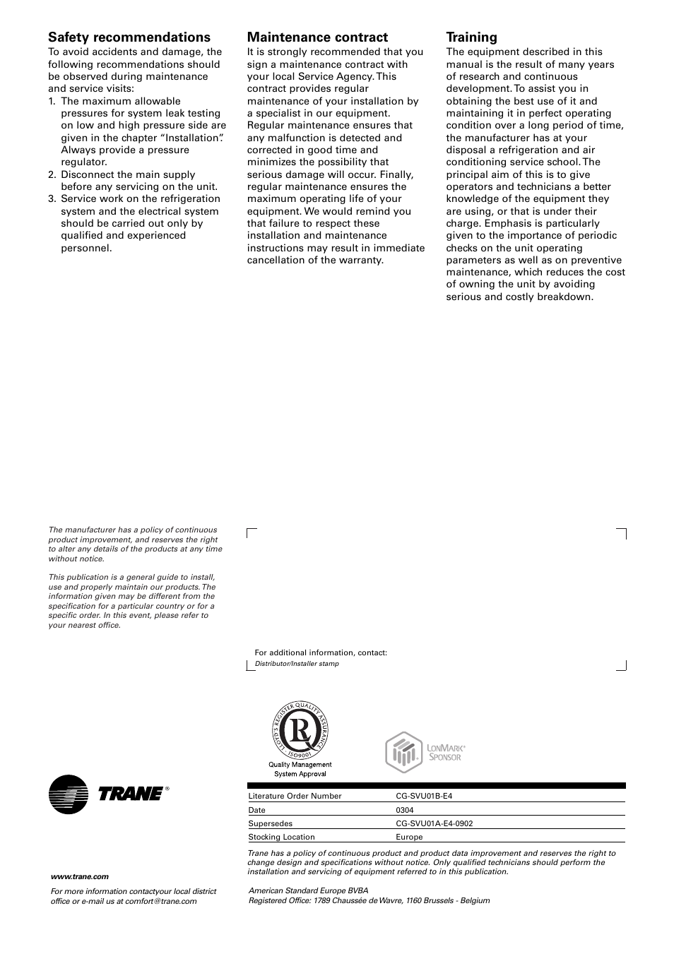 Safety recommendations, Maintenance contract, Training | American Standard TRACER CH532 User Manual | Page 32 / 32