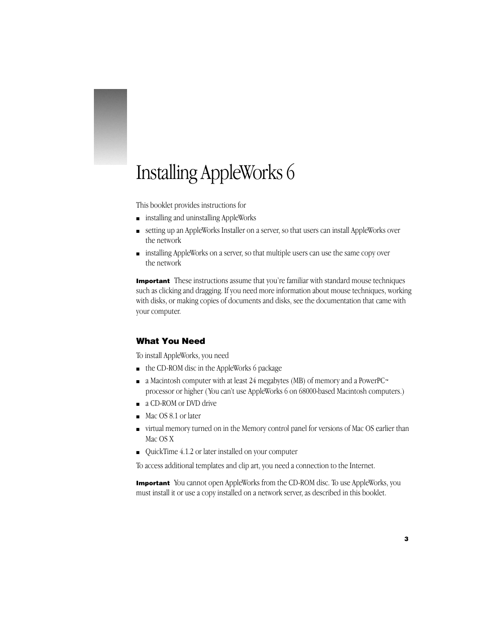 Installing appleworks 6, What you need | Apple AppleWorks 6: Mac OS User Manual | Page 3 / 8