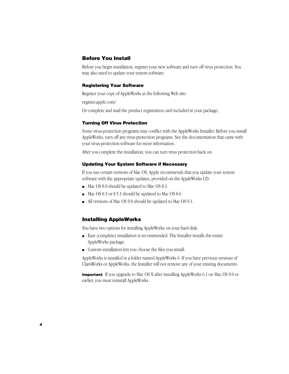 Before you install, Registering your software, Turning off virus protection | Updating your system software if necessary, Installing appleworks | Apple AppleWorks 6: Mac OS User Manual | Page 4 / 8