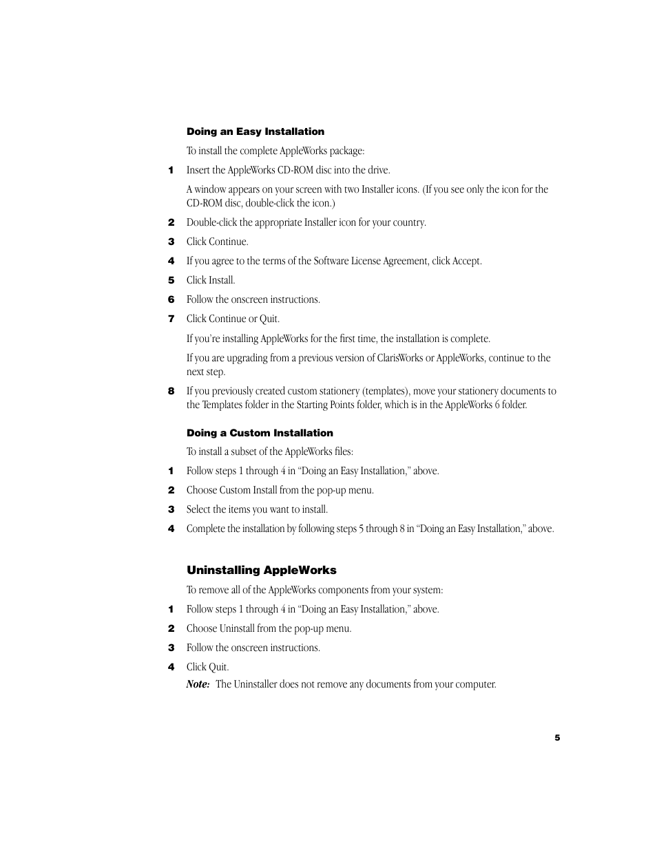 Doing an easy installation, Doing a custom installation, Uninstalling appleworks | Apple AppleWorks 6: Mac OS User Manual | Page 5 / 8