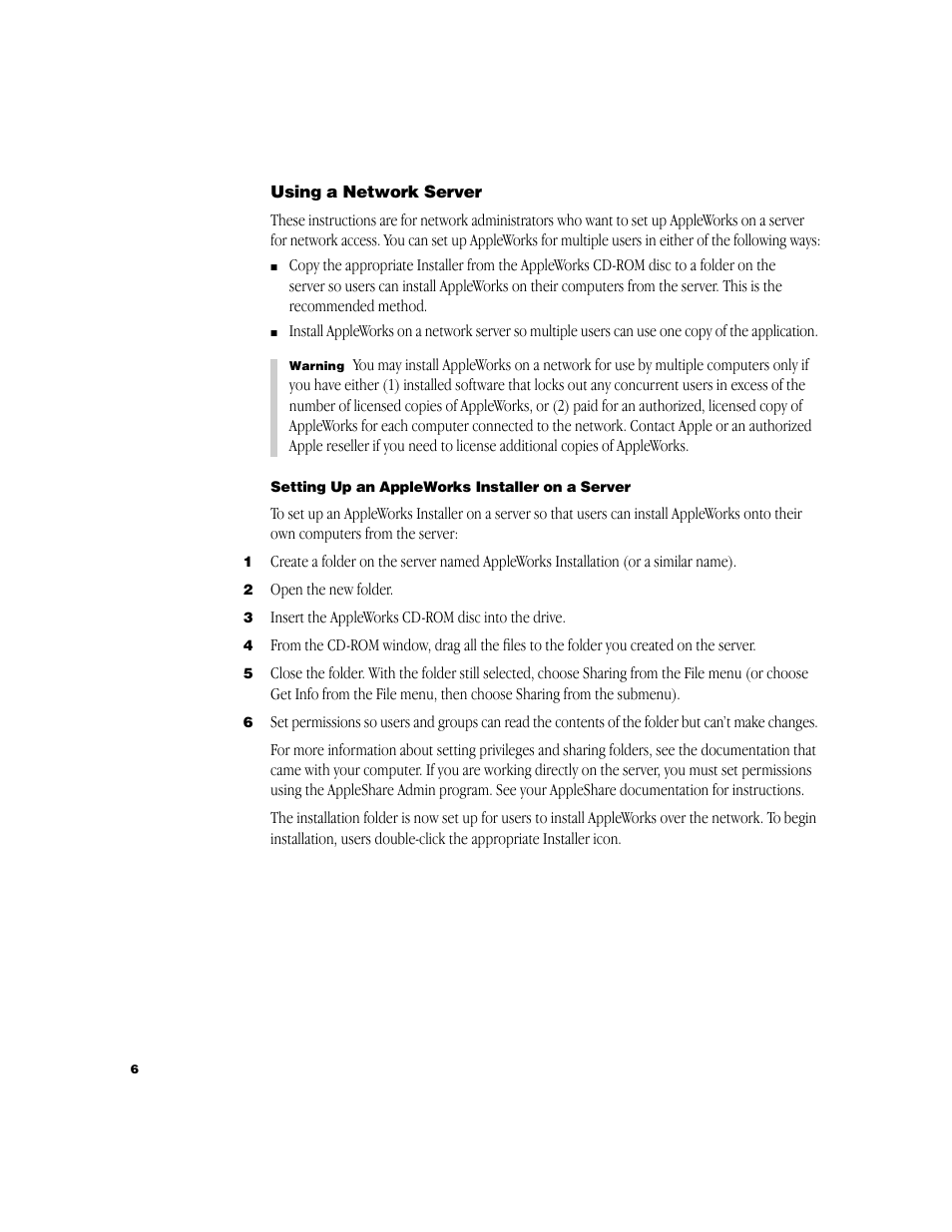 Using a network server, Setting up an appleworks installer on a server | Apple AppleWorks 6: Mac OS User Manual | Page 6 / 8