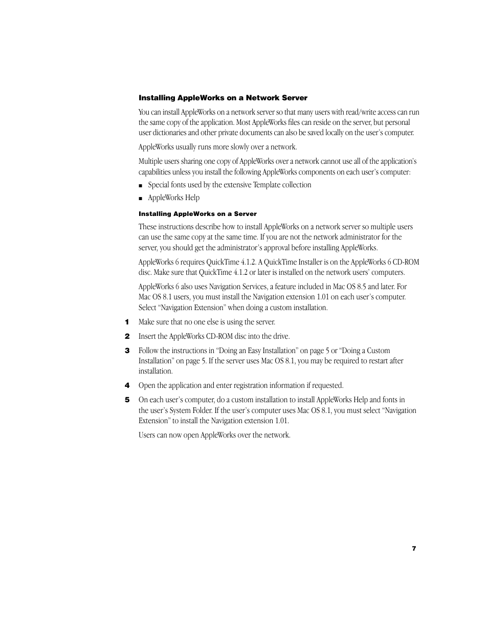 Installing appleworks on a network server | Apple AppleWorks 6: Mac OS User Manual | Page 7 / 8