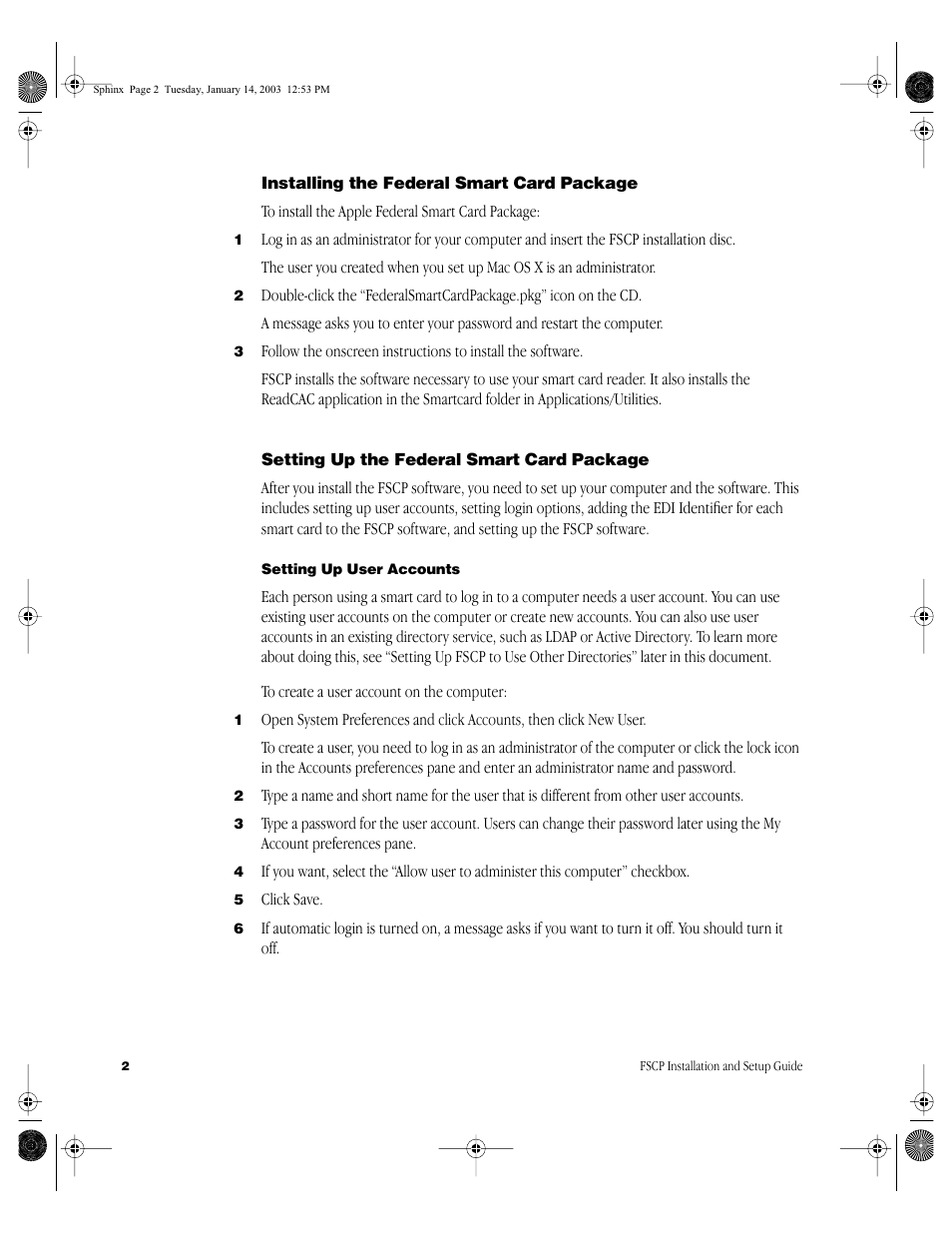 Installing the federal smart card package, Setting up the federal smart card package, Setting up user accounts | Apple Federal Smart Card Package User Manual | Page 2 / 20