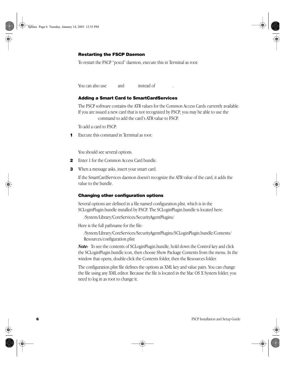 Restarting the fscp daemon, Adding a smart card to smartcardservices, Changing other configuration options | Apple Federal Smart Card Package User Manual | Page 6 / 20
