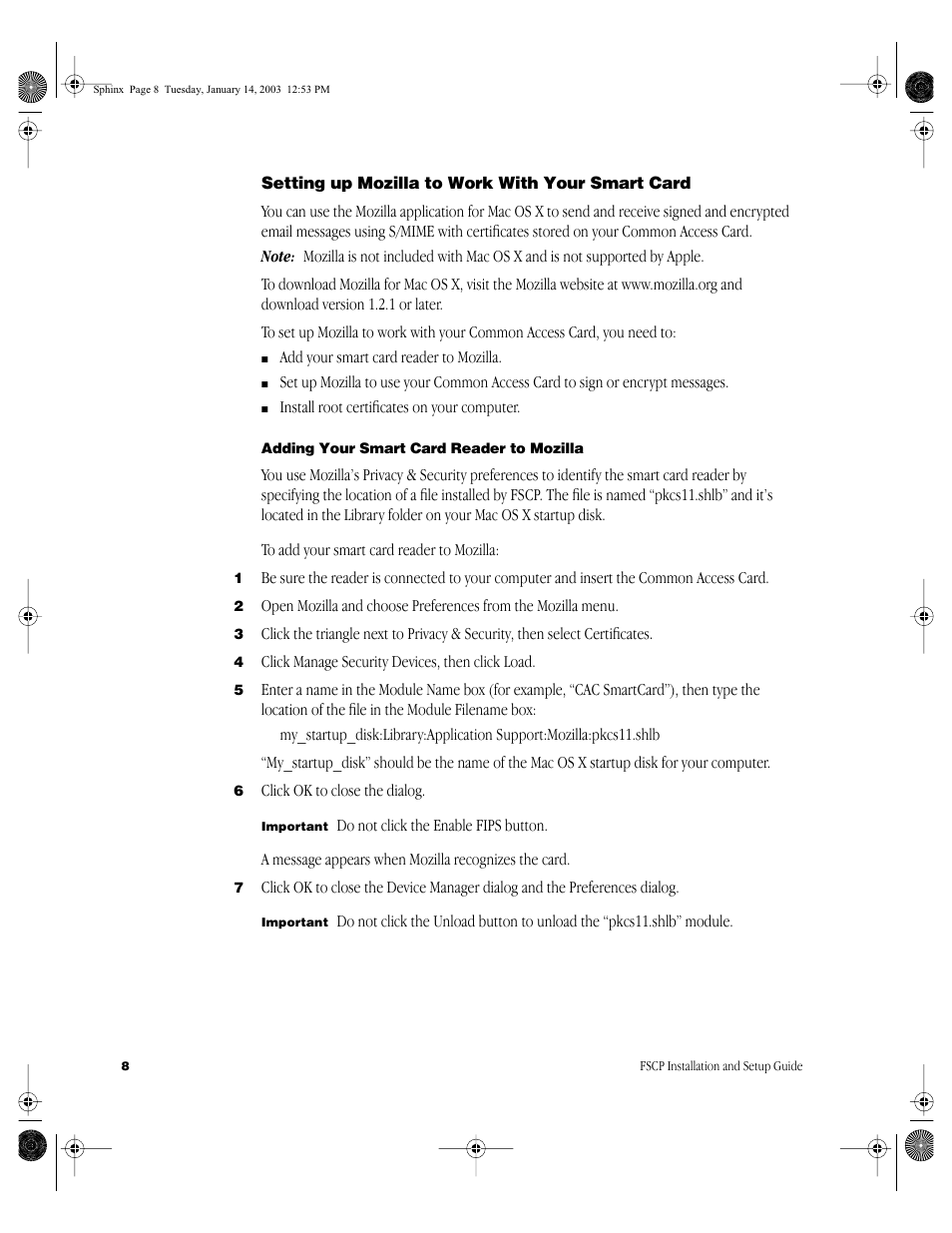 Setting up mozilla to work with your smart card, Adding your smart card reader to mozilla | Apple Federal Smart Card Package User Manual | Page 8 / 20