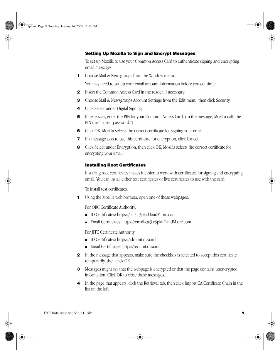 Setting up mozilla to sign and encrypt messages, Installing root certificates | Apple Federal Smart Card Package User Manual | Page 9 / 20