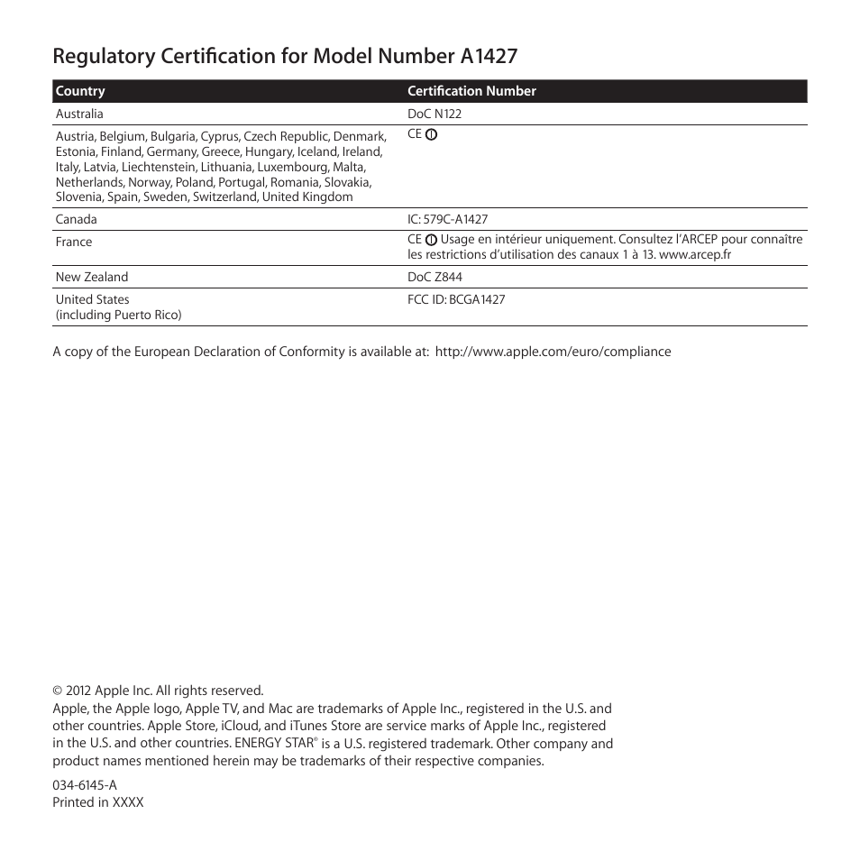 Regulatory certification for model number a1427 | Apple TV (3rd generation) User Manual | Page 16 / 16