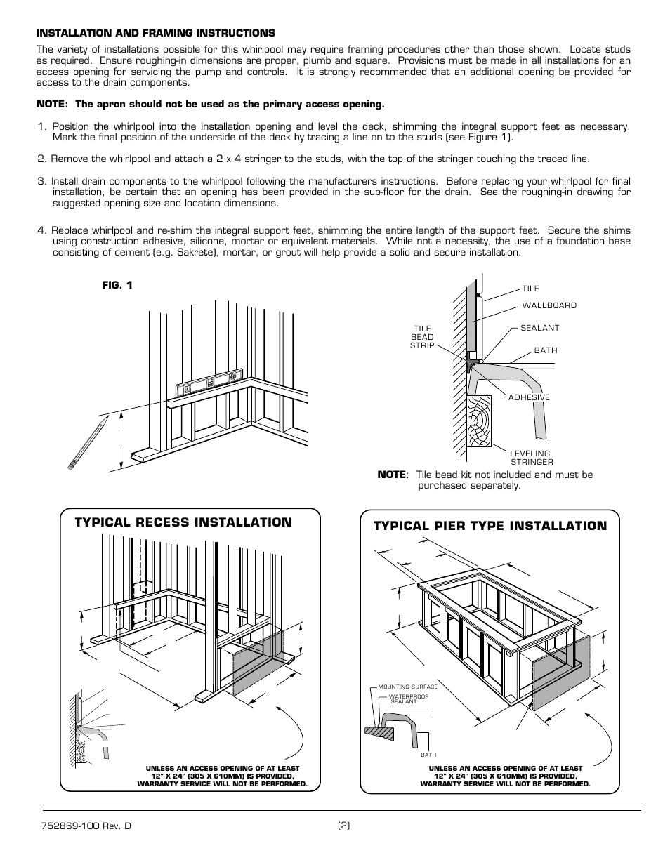 Typical pier type installation, Typical recess installation | American Standard Virtuoso Elite Whirlpool 7236E Series User Manual | Page 2 / 4