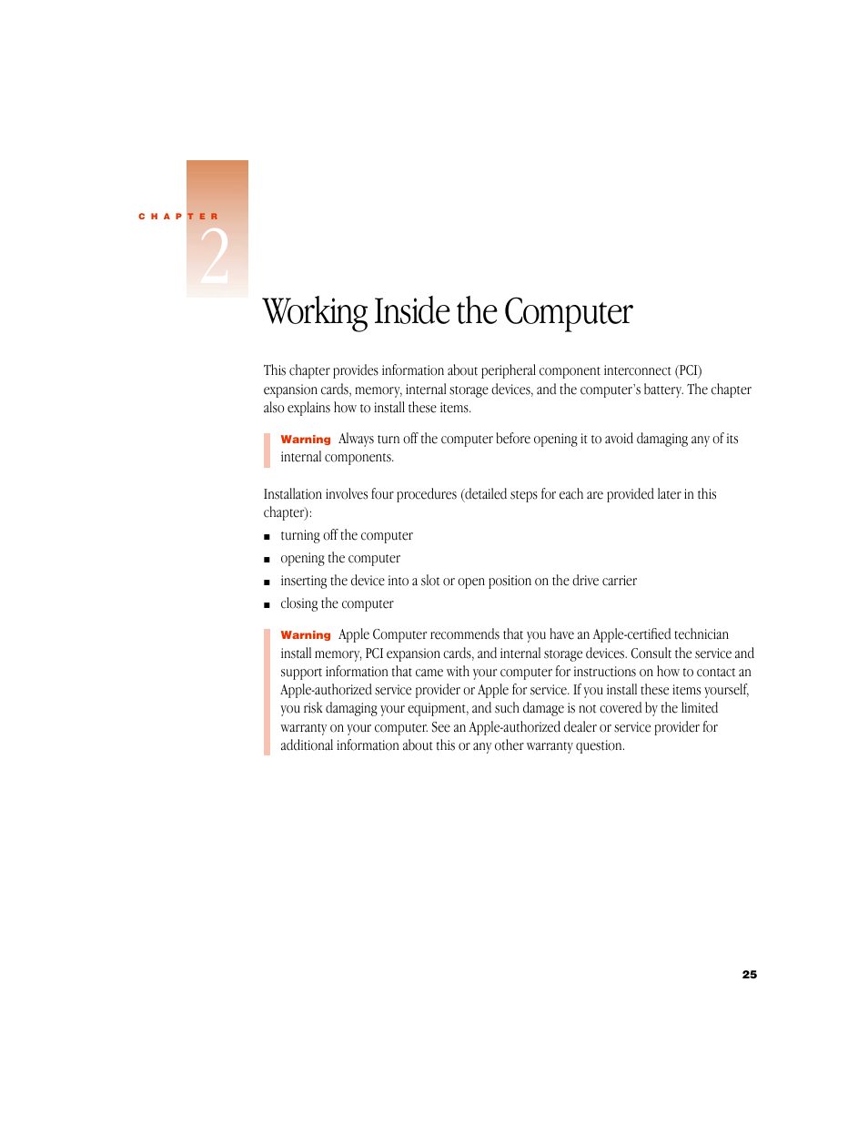 Working inside the computer | Apple Setting Up Your Power Macintosh G4 (PCI & AGP) User Manual | Page 25 / 62