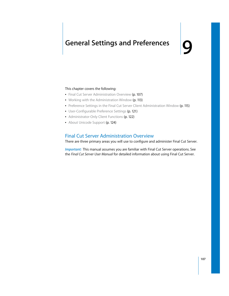 General settings and preferences, Finalcutserver administration overview, Chapter 9 | Final cut server administration overview, Ee chapter 9 | Apple Final Cut Server User Manual | Page 107 / 238