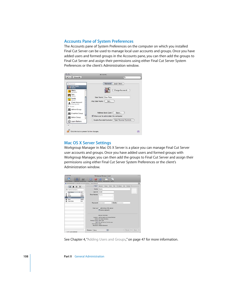 Accounts pane of system preferences, Macosxserver settings | Apple Final Cut Server User Manual | Page 108 / 238