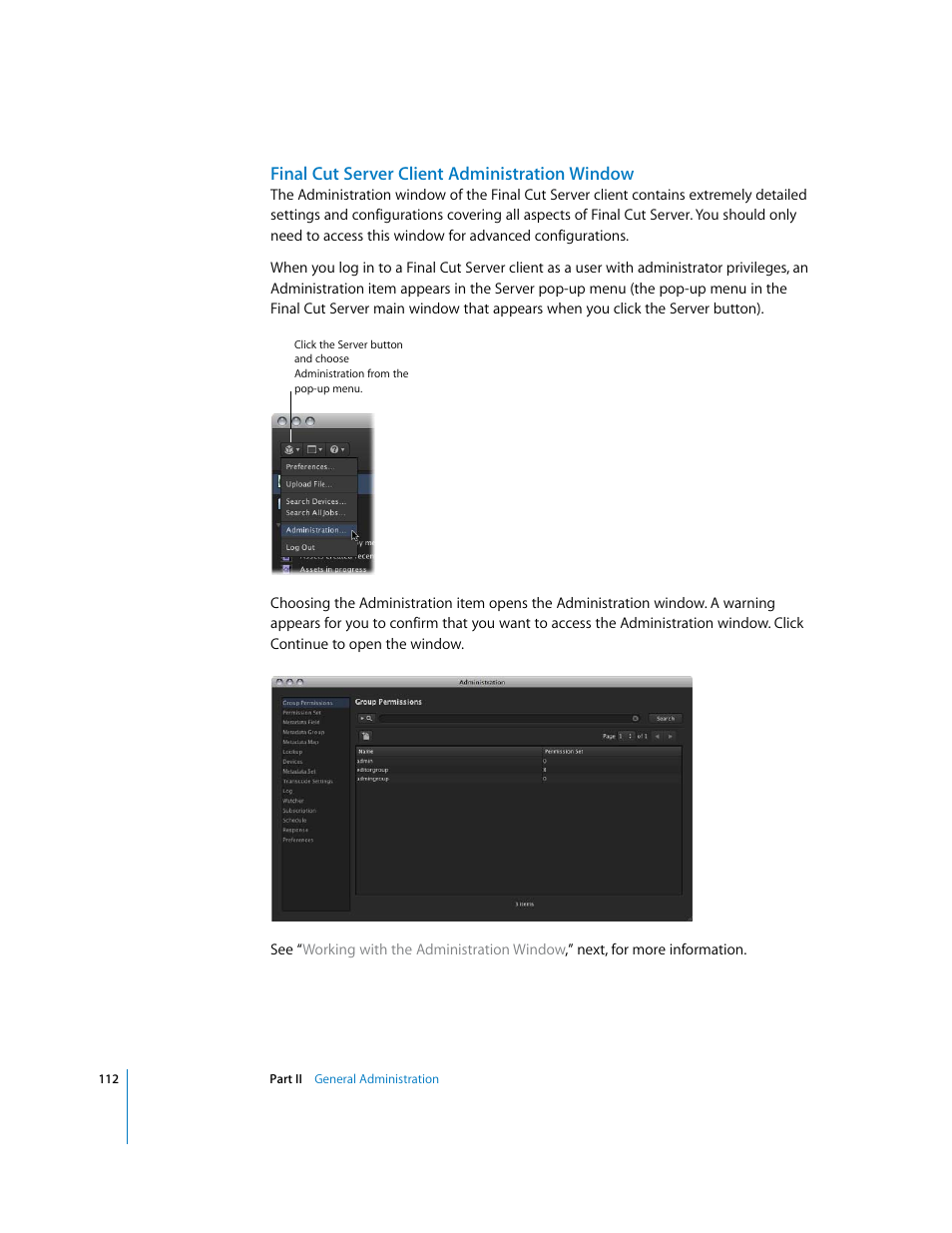 Finalcutserver client administration window, Final cut server client administration window | Apple Final Cut Server User Manual | Page 112 / 238