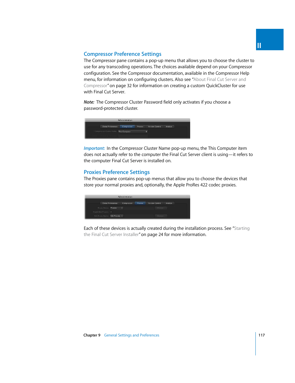 Compressor preference settings, Proxies preference settings, Compressor preference | Settings | Apple Final Cut Server User Manual | Page 117 / 238