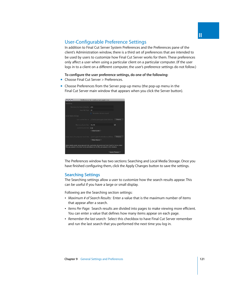 User-configurable preference settings, Searching settings, P. 121) | Apple Final Cut Server User Manual | Page 121 / 238