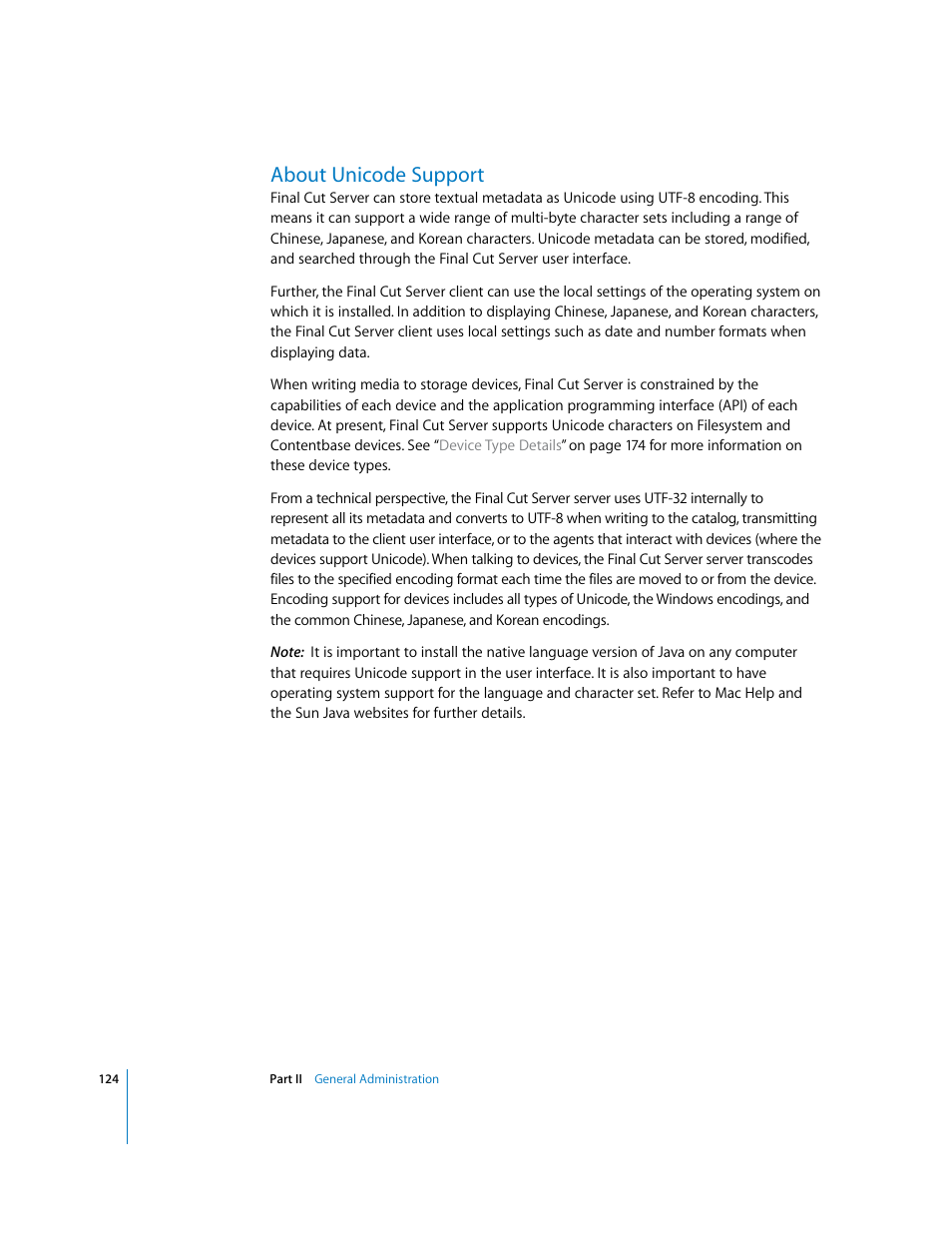About unicode support, P. 124) | Apple Final Cut Server User Manual | Page 124 / 238