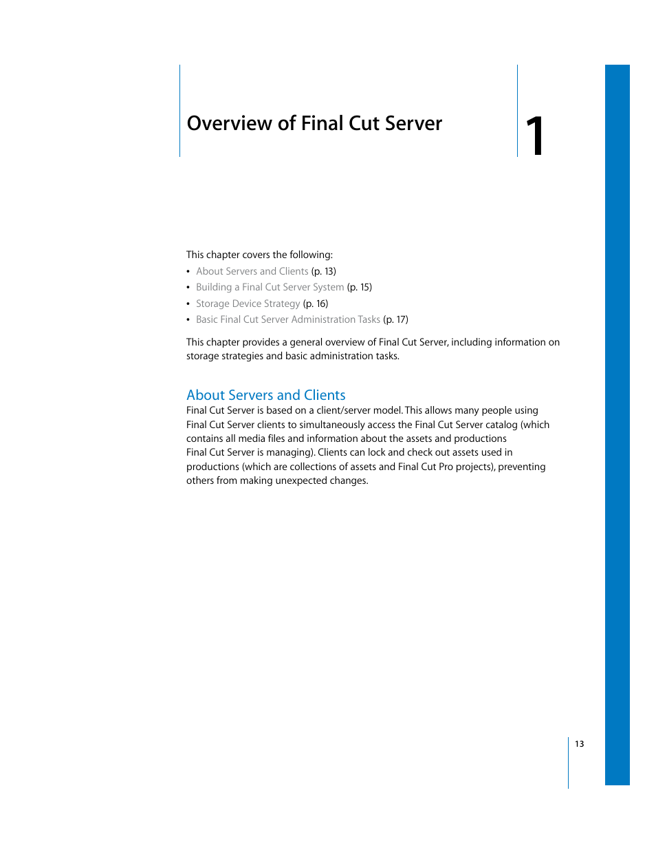 Overview of finalcutserver, About servers and clients, Chapter 1 | Overview of final cut server | Apple Final Cut Server User Manual | Page 13 / 238