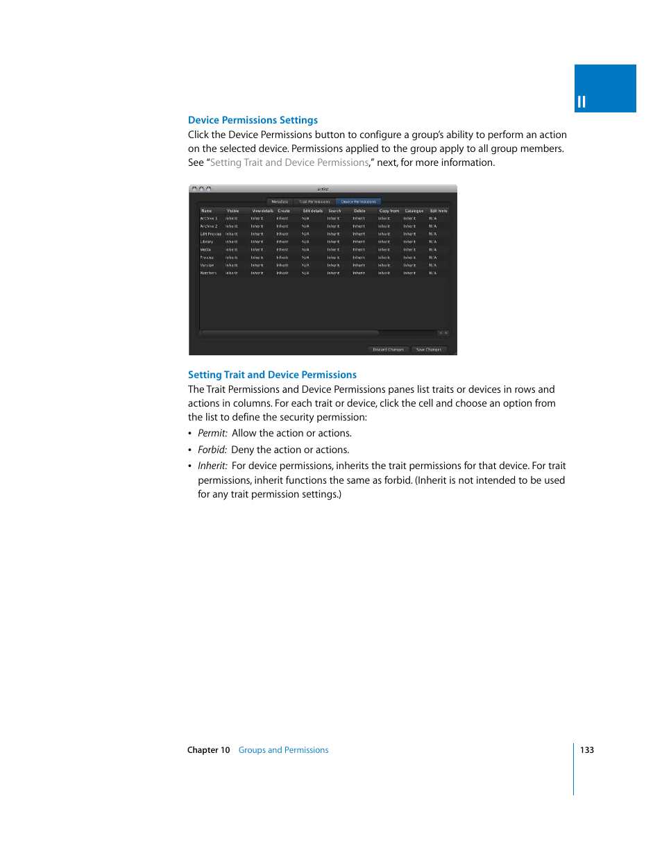 Setting trait, And device permissions | Apple Final Cut Server User Manual | Page 133 / 238