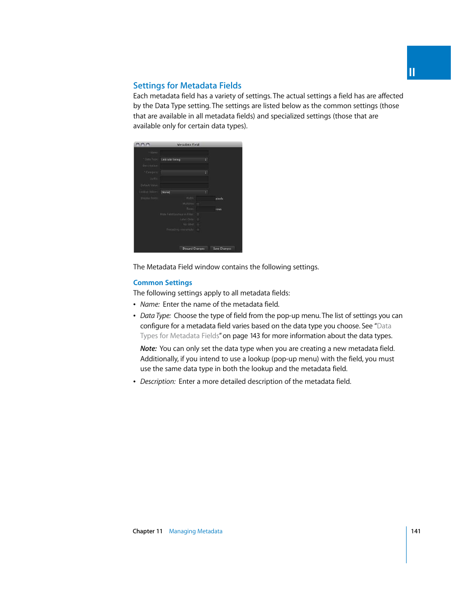 Settings for metadata fields | Apple Final Cut Server User Manual | Page 141 / 238
