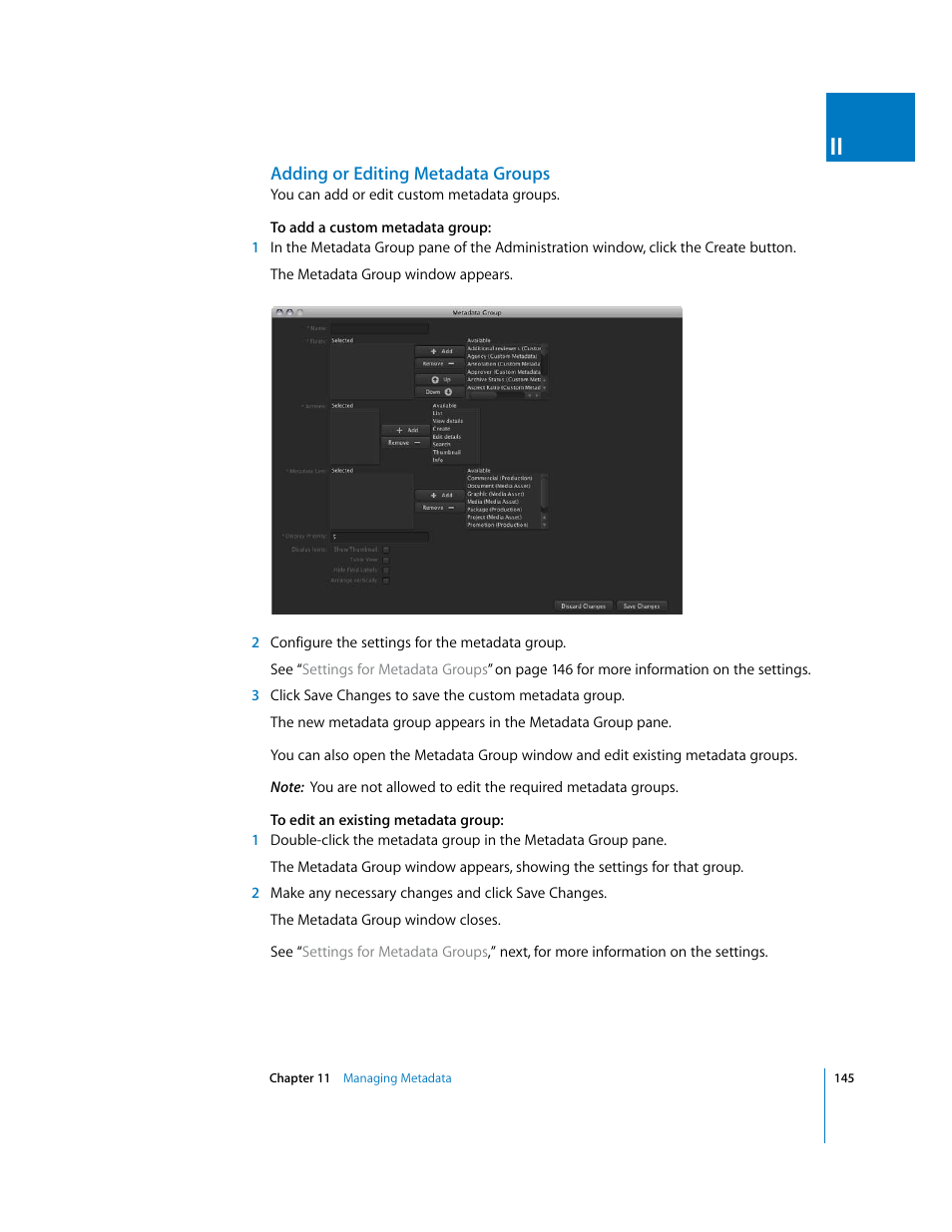 Adding or editing metadata groups | Apple Final Cut Server User Manual | Page 145 / 238