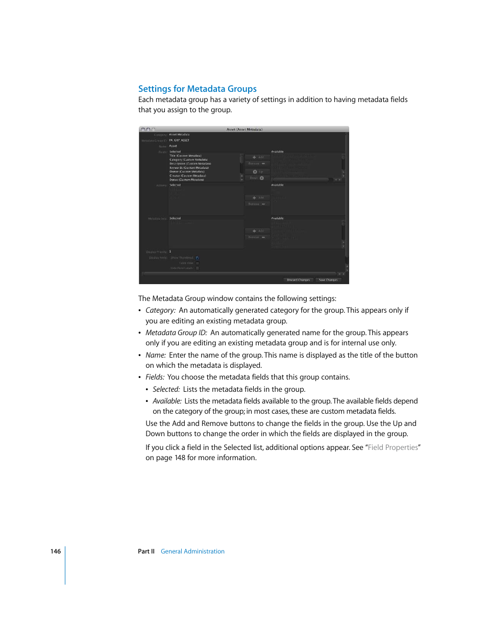 Settings for metadata groups | Apple Final Cut Server User Manual | Page 146 / 238