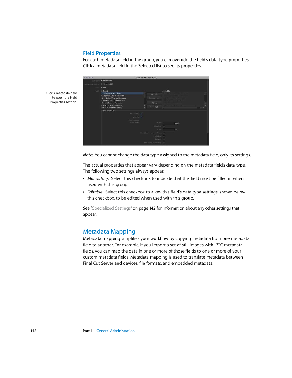 Field properties, Metadata mapping, P. 148) | Apple Final Cut Server User Manual | Page 148 / 238