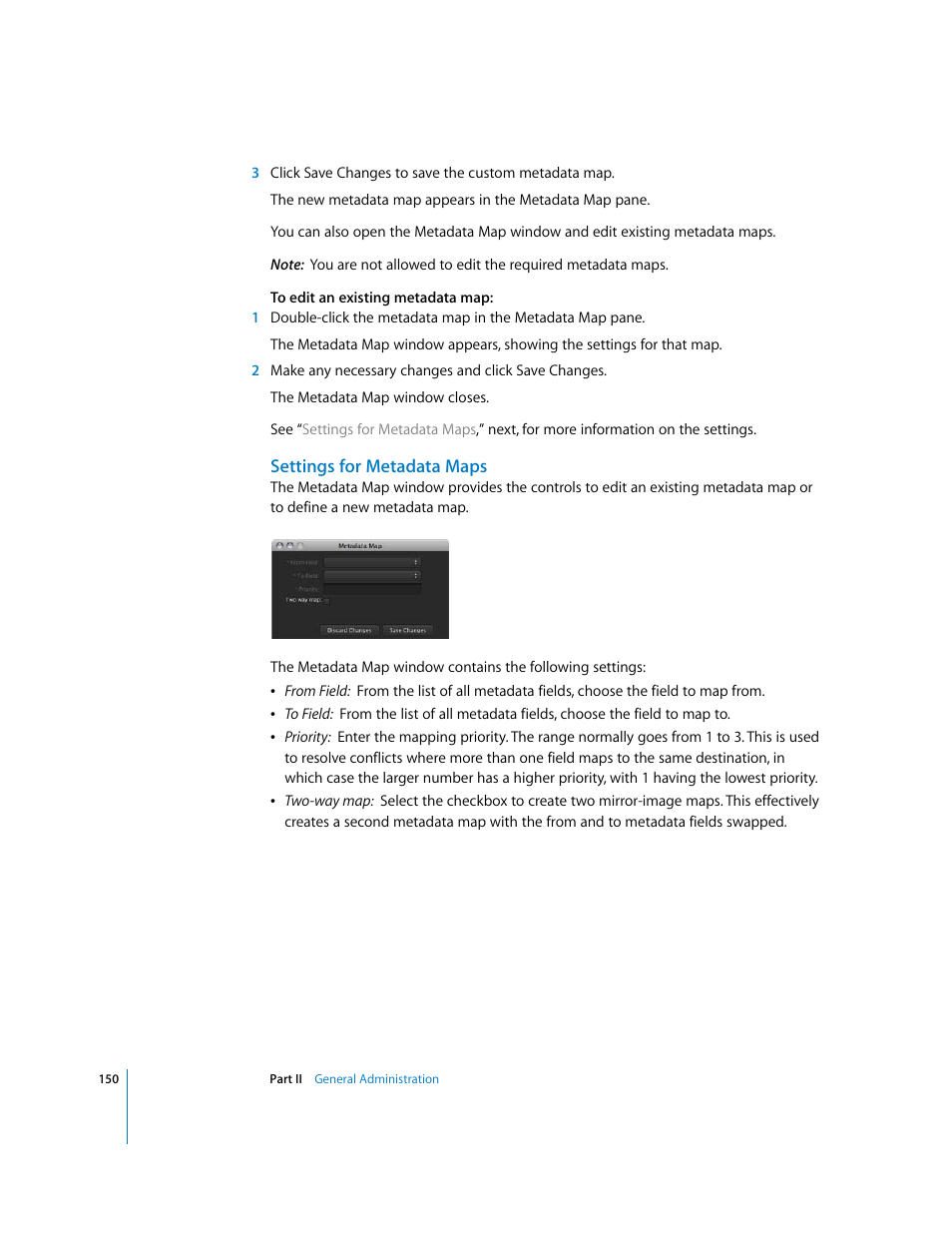 Settings for metadata maps | Apple Final Cut Server User Manual | Page 150 / 238